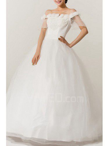 Organza Off-the-Shoulder Floor Length Ball Gown Wedding Dress with Handmade Flowers