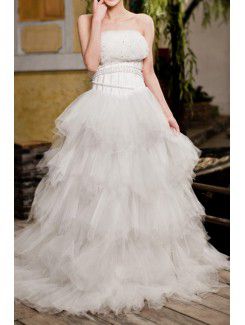 Net Strapless Sweep Train A-line Wedding Dress with Sequins