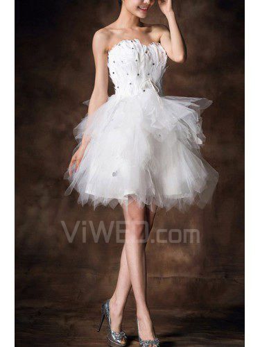 Satin stroppeløs kort ball kjole brudekjole med krystall