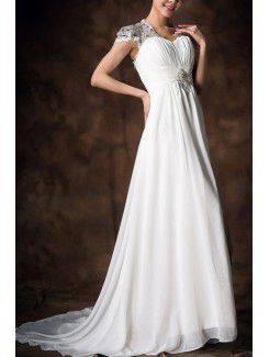 Satin V-neck Chapel Train Empire Wedding Dress with Crystal