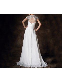 Satin V-neck Chapel Train Empire Wedding Dress with Crystal
