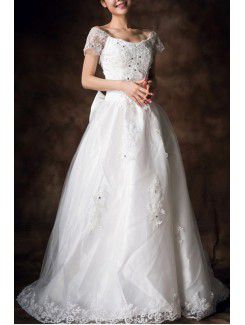 Satin Scoop Chapel Train A-line Wedding Dress with Crystal