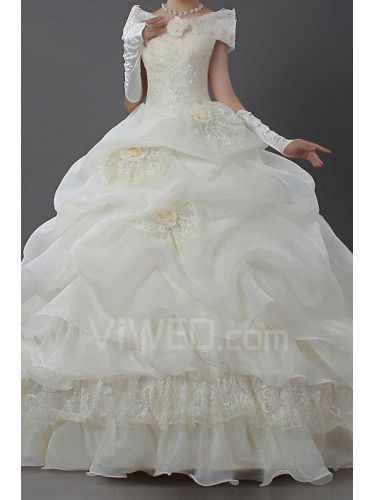 Атласа с открытыми плечами собор поезд бальное платье свадебное платье с цветами ручной работы