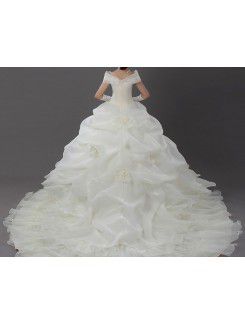 Satin Off-the-Shoulder Cathedral Train Ball Gown Wedding Dress with Handmade Flowers