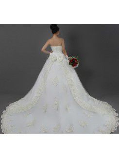 Organza Strapless Cathedral Train Ball Gown Wedding Dress with Pearls