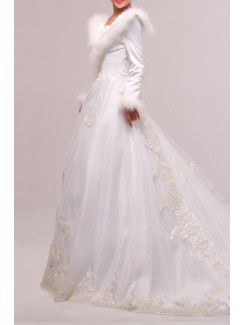 Organza v-hals kapell tog ball kjole brudekjole med paljetter