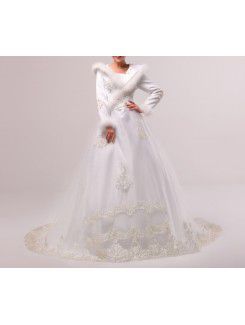 Organza V-neck Chapel Train Ball Gown Wedding Dress with Sequins