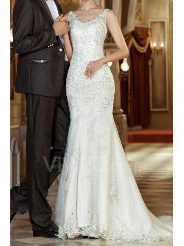 Lace Straps Chapel Train Mermaid Wedding Dress with Crystal