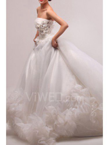 Tulle Strapless Cathedral Train Ball Gown Wedding Dress with Handmade Flowers