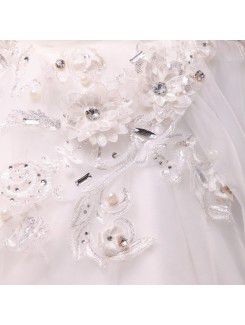 Tulle Strapless Cathedral Train Ball Gown Wedding Dress with Handmade Flowers