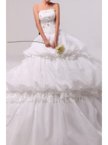 Satin Strapless Cathedral Train Ball Gown Wedding Dress with Handmade Flowers