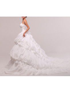 Satin Strapless Cathedral Train Ball Gown Wedding Dress with Handmade Flowers