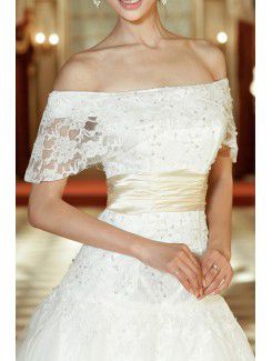Lace Off-the-Shoulder Cathedral Train Ball Gown Wedding Dress with Sequins