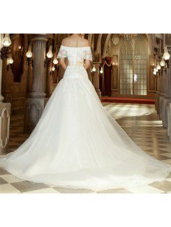 Lace Off-the-Shoulder Cathedral Train Ball Gown Wedding Dress with Sequins
