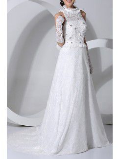 Lace Jewel Chapel Train A-line Wedding Dress with Sequins