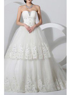Organza Scoop Chapel Train A-line Wedding Dress with Crystal
