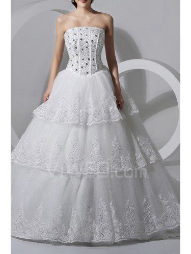 Lace Strapless Cathedral Train A-line Wedding Dress with Crystal