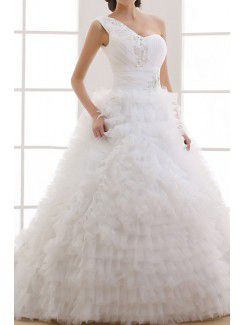 Tulle One Shoulder Cathedral Train Ball Gown Wedding Dress with Handmade Flowers
