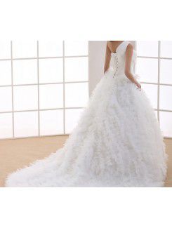 Tulle One Shoulder Cathedral Train Ball Gown Wedding Dress with Handmade Flowers