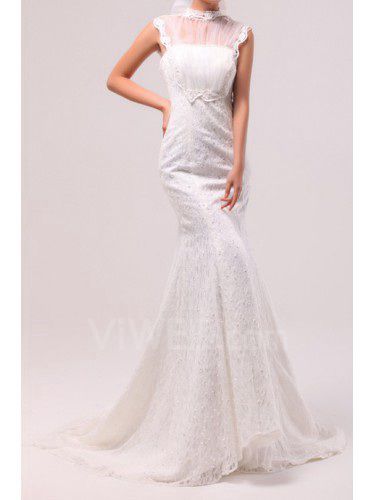 Lace Jewel Chapel Train Mermaid Wedding Dress with Sequins