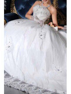 Satin Strapless Cathedral Train Ball Gown Wedding Dress with Crystal