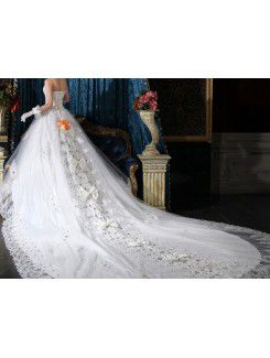 Satin Strapless Cathedral Train Ball Gown Wedding Dress with Crystal