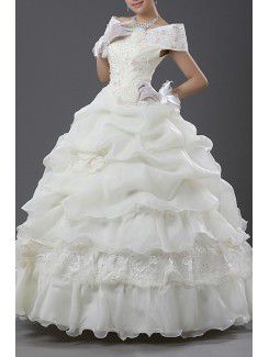 Tulle Off-the-Shoulder Floor Length Ball Gown Wedding Dress with Pearls