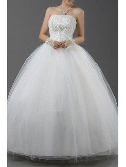 Organza axelbandslös golv längd balklänning bröllopsklänning med paljetter