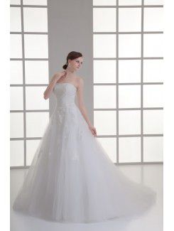 Satin and Net Sweetheart A-line Sweep Train Embroidered Wedding Dress