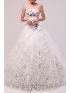 Tyll stroppeløs gulv lengde ball kjole brudekjole med paljetter