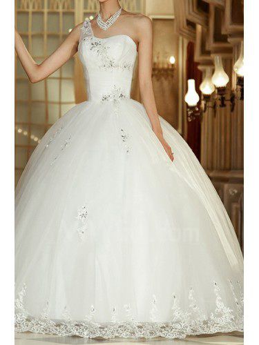 Tulle One Shoulder Floor Length Ball Gown Wedding Dress with Sequins