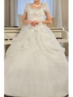 Satin Off-the-Shoulder Floor Length Ball Gown Wedding Dress with Handmade Flowers
