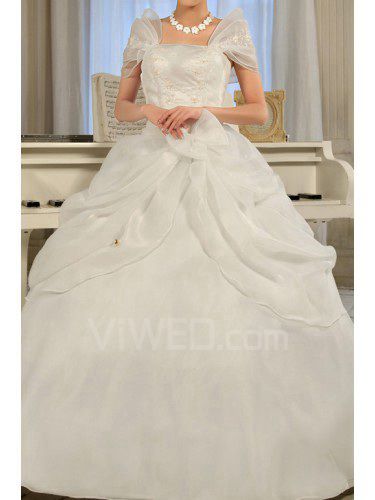 Satin Off-the-Shoulder Floor Length Ball Gown Wedding Dress with Handmade Flowers