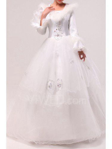 Tulle Jewel Floor Length Ball Gown Wedding Dress with Handmade Flowers