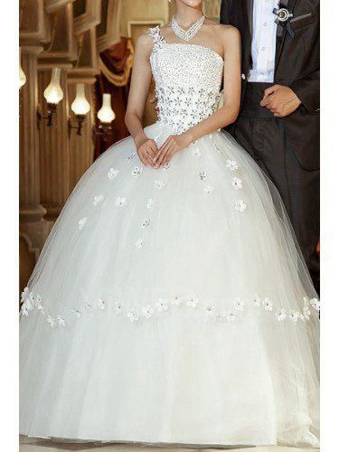 Organza une épaule étage longueur robe de bal de mariage robe à paillettes
