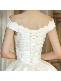 Satin Off-the-Shoulder Floor Length Ball Gown Wedding Dress with Pearls
