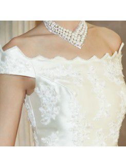 Satin Off-the-Shoulder Floor Length Ball Gown Wedding Dress with Pearls