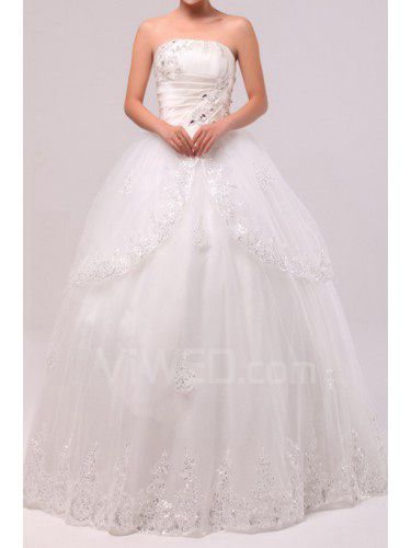 Satin axelbandslös golv längd balklänning bröllopsklänning med kristall
