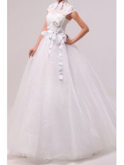 Tulle Jewel Floor Length Ball Gown Wedding Dress with Handmade Flowers