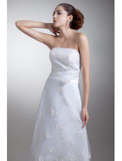 Organza and Satin Strapless Tea-Length A-line Embroidered Wedding Dress