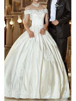 Satin off-the-skulder gulvet længde bolden kjole brudekjole med pailletter