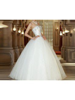 Satin Scoop Floor Length Ball Gown Wedding Dress with Crystal