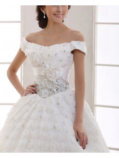 Lace Off-the-Shoulder Floor Length Ball Gown Wedding Dress with Crystal