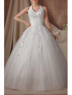 Organza halter gulv lengde ball kjole brudekjole med paljetter
