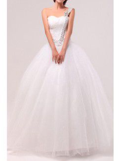 Organza One Shoulder Floor Length Ball Gown Wedding Dress with Crystal