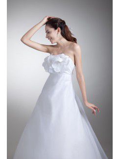 Organza and Satin Strapless Floor Length A-line Hand-made Flowers Wedding Dress