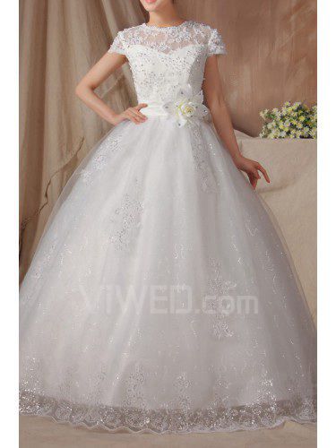 Organza Jewel Floor Length Ball Gown Wedding Dress with Handmade Flowers