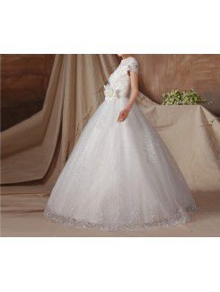 Organza Jewel Floor Length Ball Gown Wedding Dress with Handmade Flowers