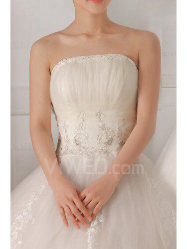 Tyll axelbandslös golv längd balklänning bröllopsklänning med paljetter