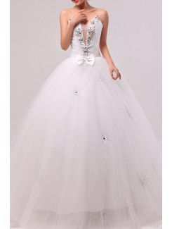 Organza V-neck Floor Length Ball Gown Wedding Dress with Crystal